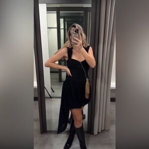 Zara Black Asymmetric Draped Mini Dress with One-Side Cascade